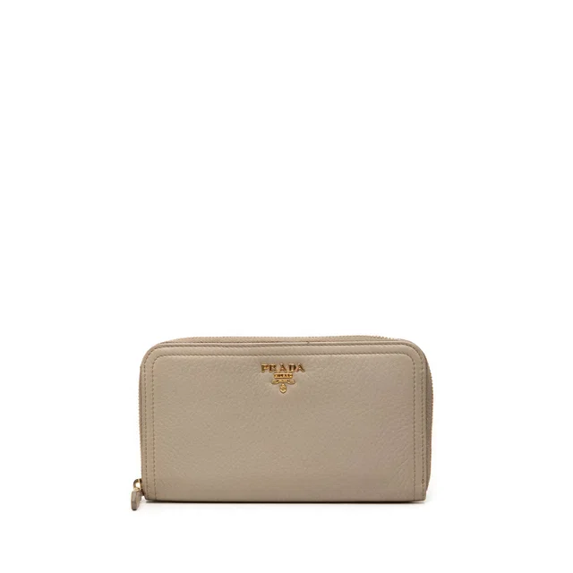 Beige Prada VItello Daino Zip Around Wallet Long Wallets in Beige Leather from Designer Revival