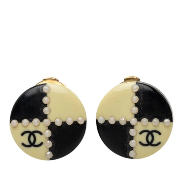 Chanel CC Enamel Checkered Faux Pearl Round Clip On Earrings in Black from Designer Revival