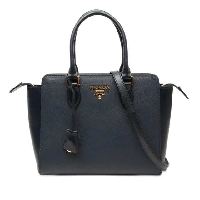 Black Prada Soft Calf Trimmed Saffiano Lux Open Convertible Tote Satchel in Black Saffiano leather from Designer Revival
