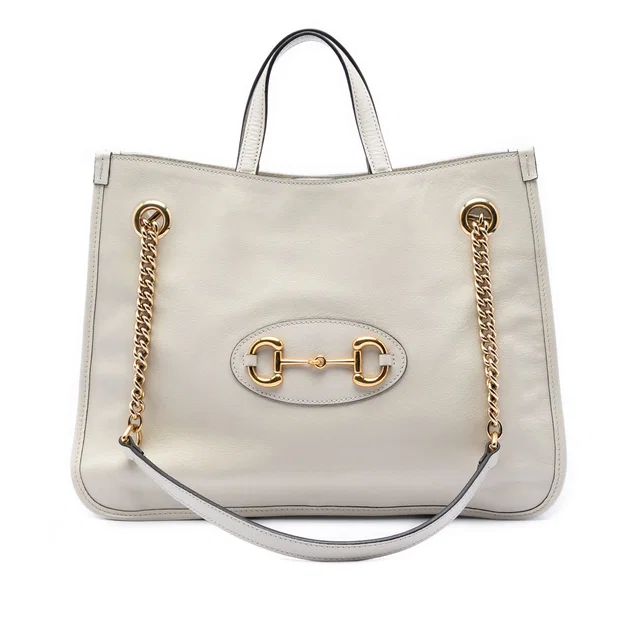White Gucci Medium Calfskin Horsebit 1955 Chain Tote Satchel in White Calfskin from Designer Revival