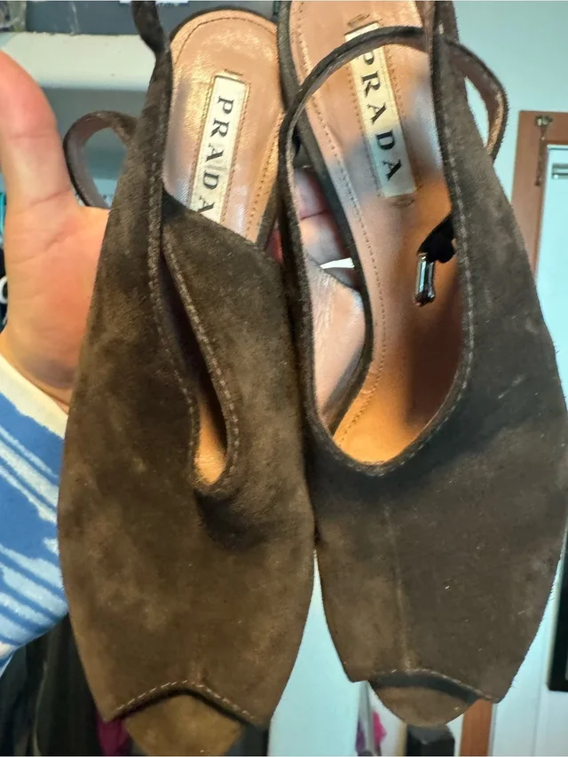 Prada Dark Brown Suede Peep-Toe Slingback Heels in brown|red Suede from Poshmark