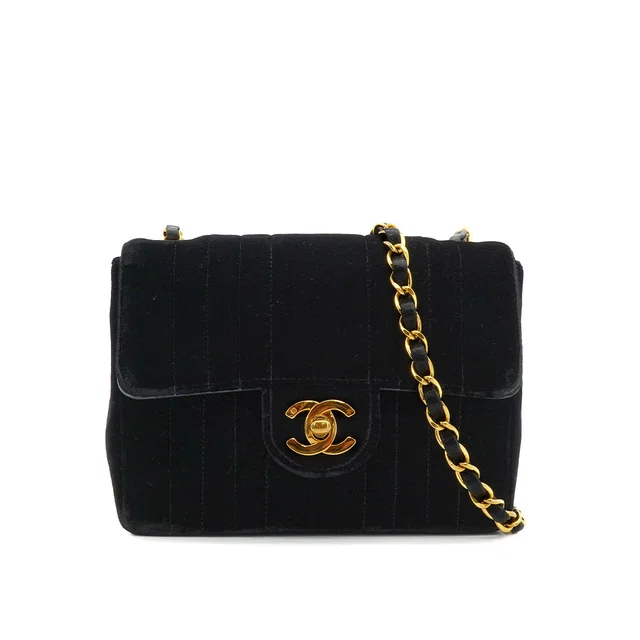Chanel Vintage Mademoiselle Chain Shoulder Bag Black Velor Gold Hardware in Black from Luxury Promise