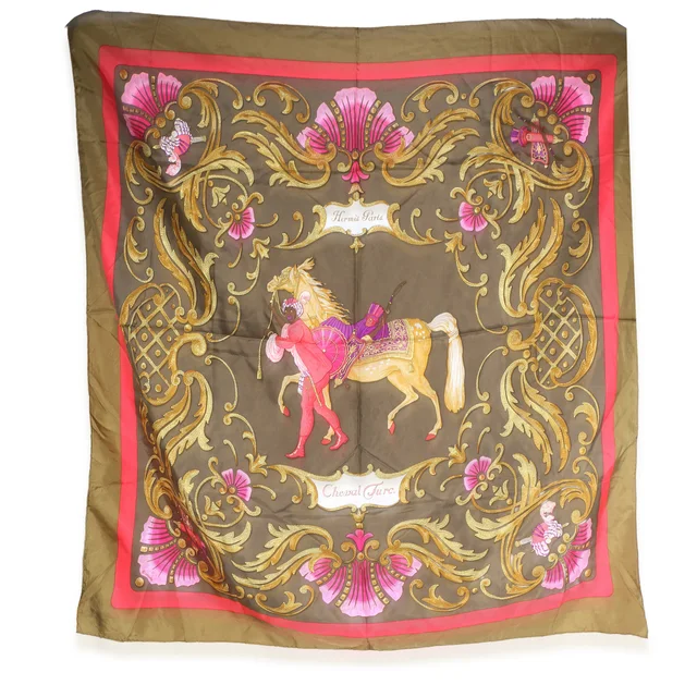 Hermès Kaki Pink Multicolor Cheval Turc Silk Scarf 90 in Pink Silk from myGemma