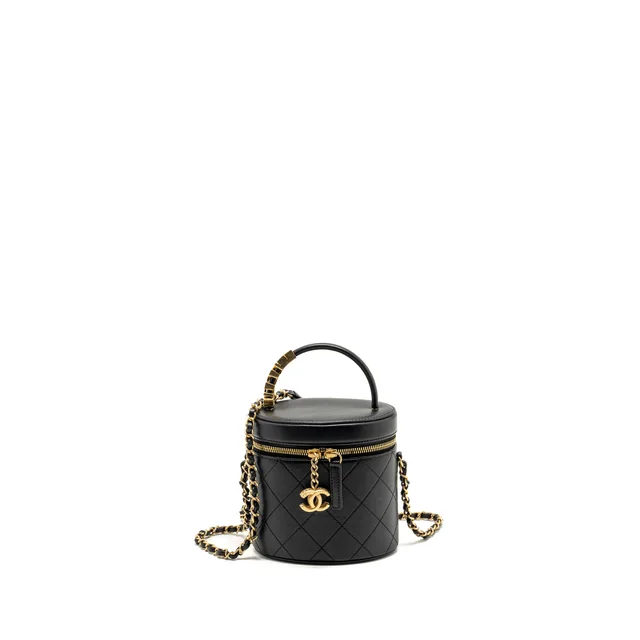 Chanel Pearl Letter Logo Detailed Vanity Case Calfskin Black GHW in Black Calfskin from EMIER