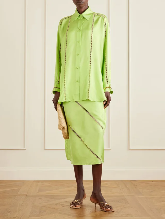 DIOTIMA Tobago embroidered silk-satin midi skirt in Green, photo 2 of 2 from NET-A-PORTER (Canada)