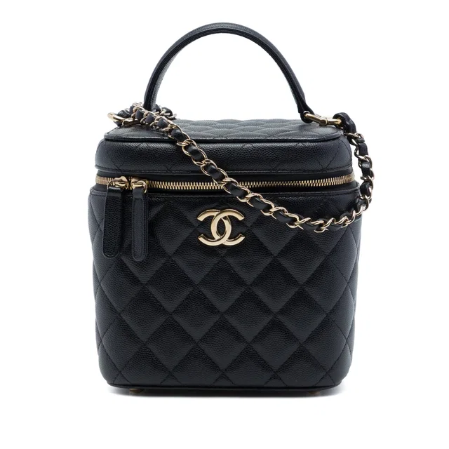 Black Chanel CC Quilted Caviar Top Handle Vanity Case with Chain Satchel in Black Caviar leather from Designer Revival
