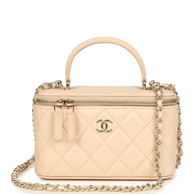 Chanel Small Top Handle Vanity Case Light Beige Lambskin Light Gold Hardware in Beige Lambskin from Madison Avenue Couture