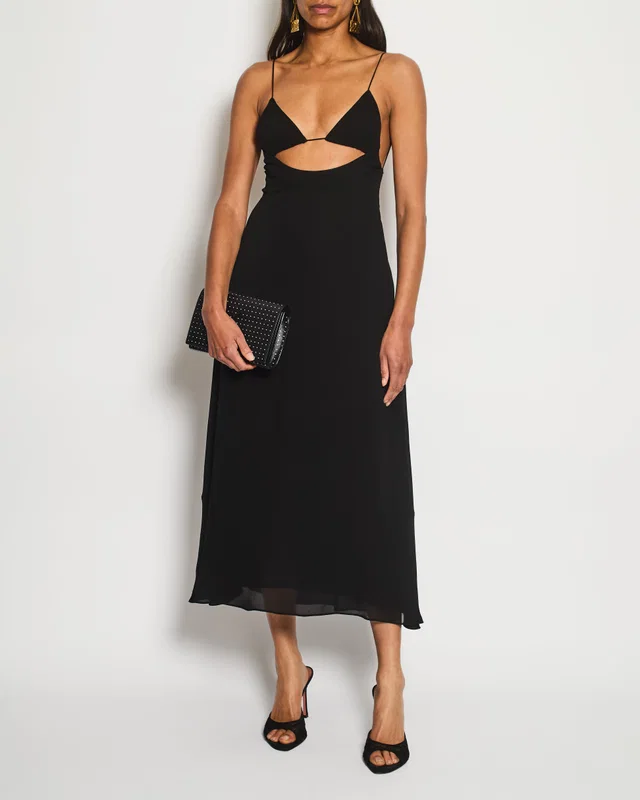 Saint Laurent Black Strap Midi Dress with Cut Out Detail Size FR 34 (UK 6) in Black Silk from Sellier