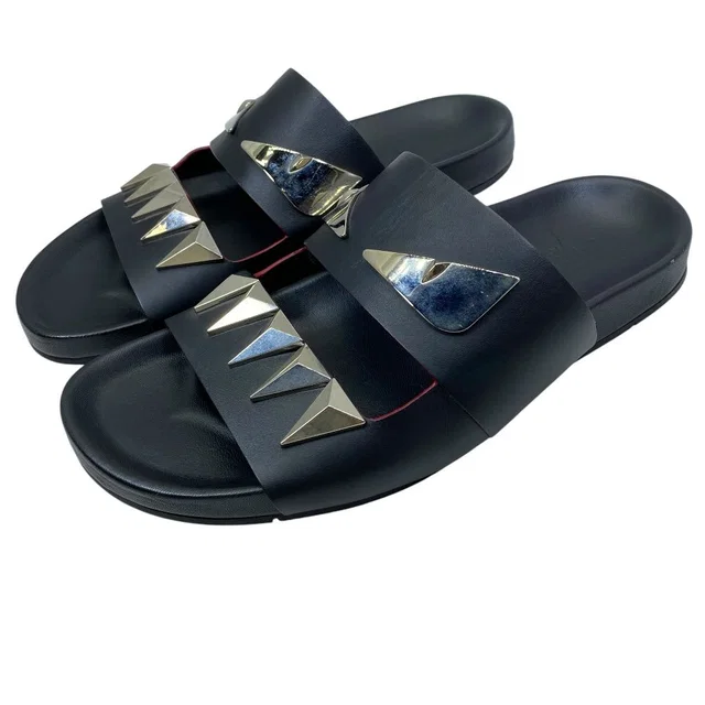 Fendi Monster Slide Sandals Metal Studs Leather Black Silver in Black Leather from The Reluxe