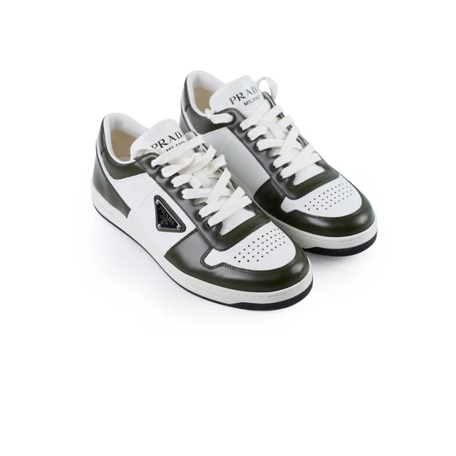 Prada and Green Downtown Sneakers Mens 6.5 in White Leather from The Purse Affair