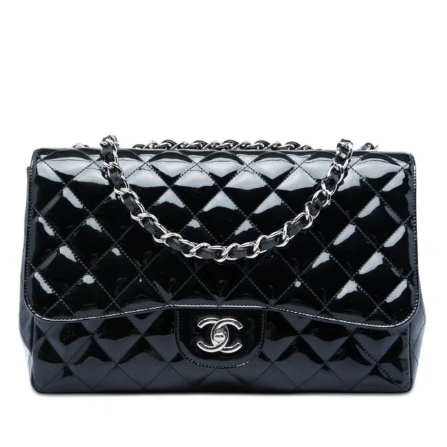 Black Chanel Jumbo Classic Patent Single Flap Shoulder Bag in Black Patent leather from Designer Revival