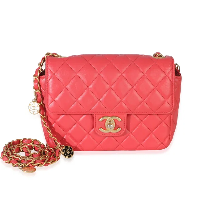 Chanel Red Quilted Lambskin Coco Pins Chain Mini Flap Bag Pink Leather Handbag in Red Lambskin from HEWI