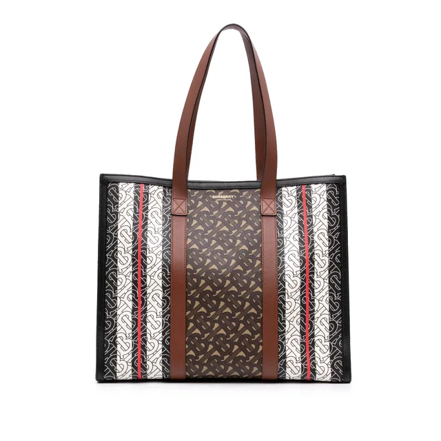 Brown Burberry TB Monogram E Canvas Stripe Book Tote in Brown Canvas from Designer Revival
