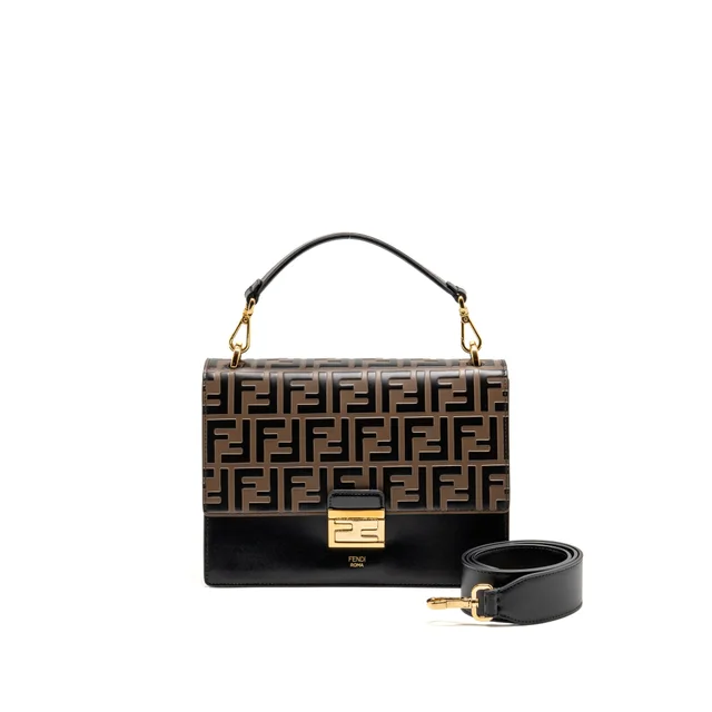 Fendi medium kan I shoulder bag FF embossed calfskin brown/black GHW in Black Calfskin from EMIER