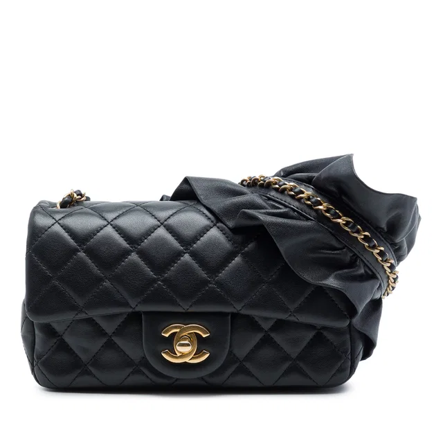 Black Chanel Mini Rectangular Classic Lambskin Romance Single Flap Crossbody Bag in Black Lambskin from Designer Revival