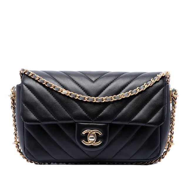 Black Chanel Mini Rectangular Chevron Lambskin Chain Around Flap Crossbody Bag in Black Lambskin from Designer Revival