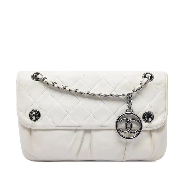 White Chanel CC Quilted Lambskin Double Turnlock Flap Shoulder Bag in White Lambskin from Designer Revival