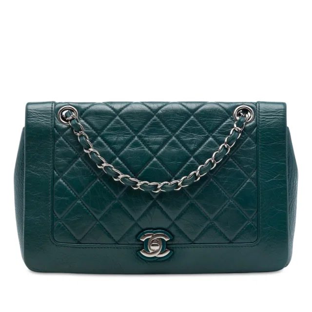 Chanel Medium Quilted Crumpled Calfskin Bi Vintage Full Flap Crossbody Bag in Green Calfskin from Designer Revival
