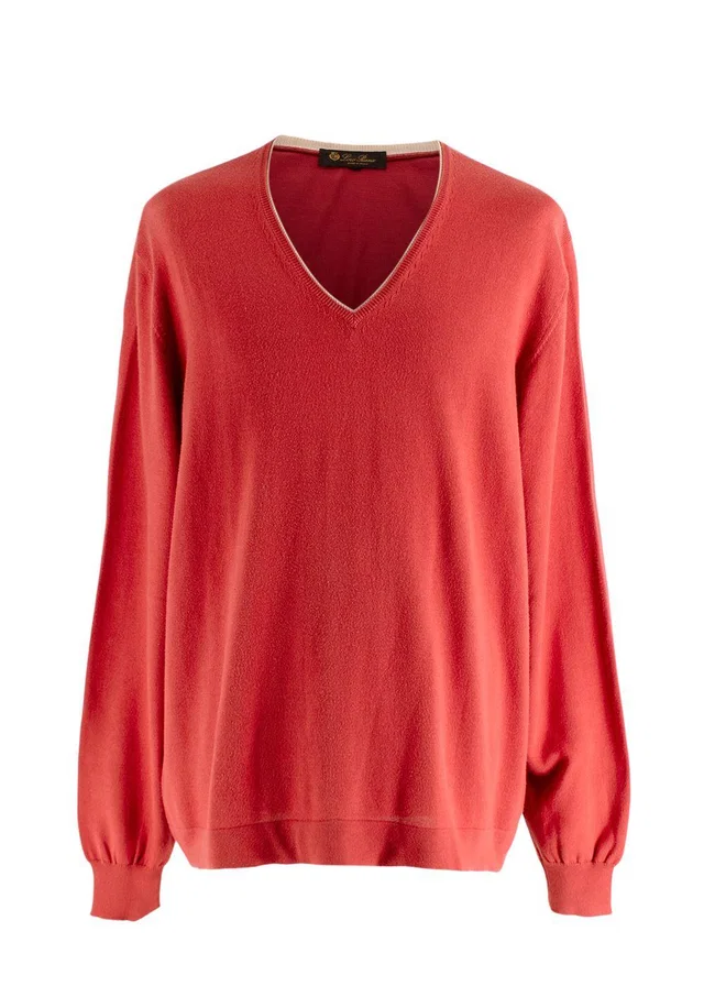 Loro Piana Red V Neck Long Sleeve Cotton Knit Jumper in Red from HEWI