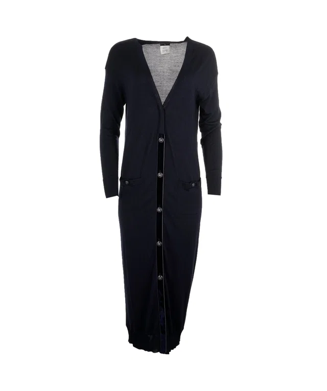 Chanel Midnight Blue Long CC Cardigan Dress Size 38 in Navy Cashmere from Luxury Promise
