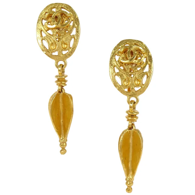 Chanel Gold Oval Drop Dangle Clip-On Earrings 95A in Gold from AMORE Vintage Tokyo