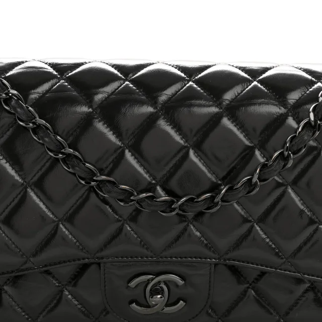 Chanel Shiny Crumpled Calfskin Quilted Jumbo Double Flap So Black in Black Calfskin from FASHIONPHILE, photo 8 of 14