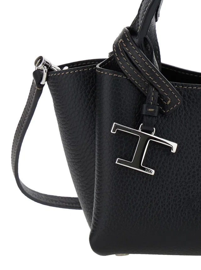Tod's Calfskin Leather With Logo Pendant Top Handle Bag — Black in Black Calfskin from HEWI