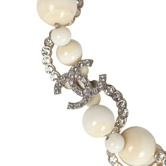 Chanel CC Faux Crystal Beaded Choker Necklace Beige and White Light Gold Tone Hardware in White from Madison Avenue Couture, photo 3 of 6