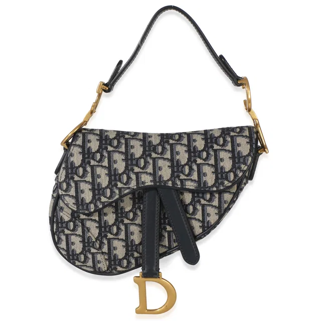 Dior Navy Oblique Canvas Mini Saddle Bag Beige; Blue Fabric Handbag in Beige Canvas from HEWI
