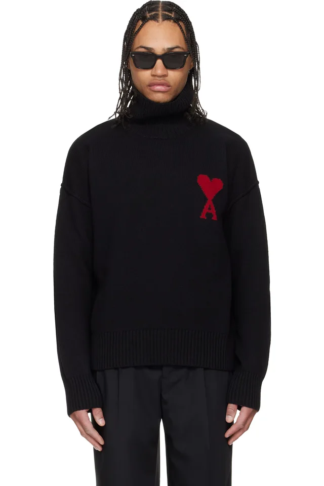 AMI Paris Black Contrasted Ami de Coeur Funnel Neck Sweater, image 1 of 1 from SSENSE