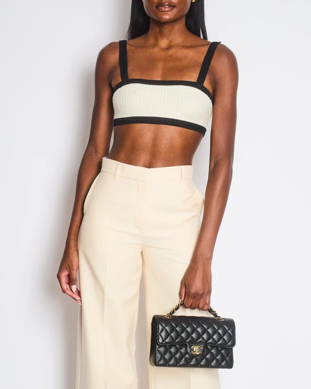 Chanel 24P Cream Black Tweed Bralette Top with Black CC Buttons Detail Size FR 34 (UK 6) in Black Tweed from Sellier
