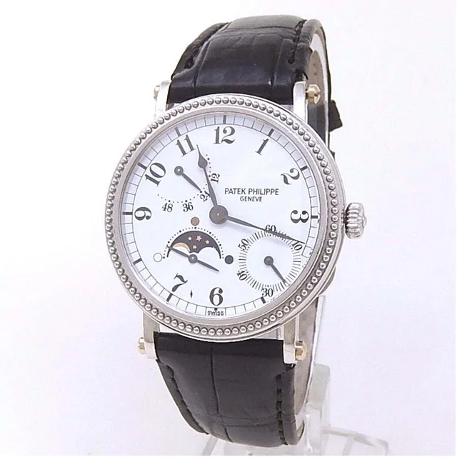 Patek Philippe Complications Moonphase Power Reserve Automatic White Dial Mens Watch 5015P in silver|black|gray|white Leather from Jomashop.com
