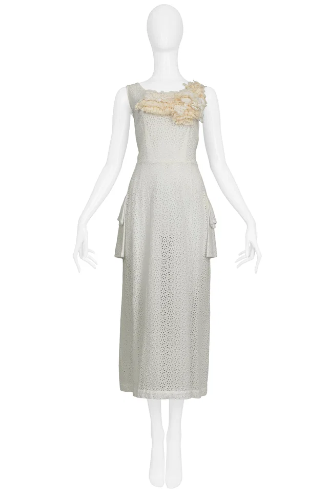 Comme des Garçons Off White Eyelet Lace Pocket Dress 2000 in White from Resurrection Vintage