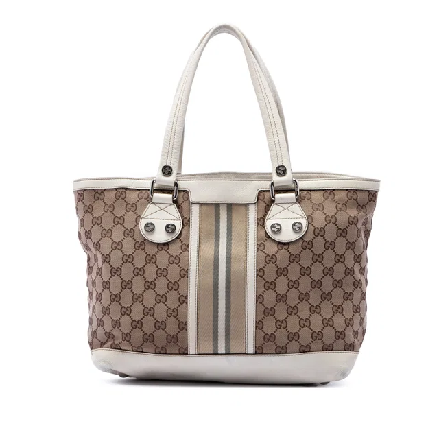 Beige Gucci Small GG Canvas Web Libeccio Sunset Tote in Beige Canvas from Designer Revival