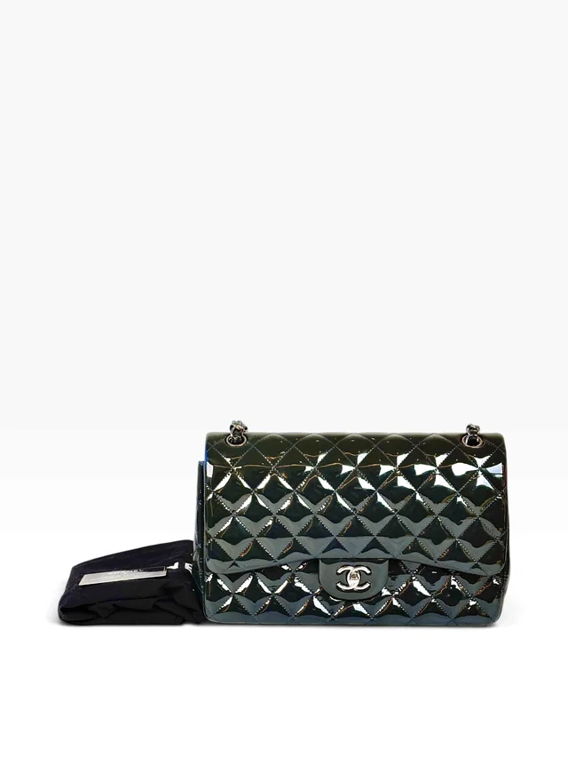 Chanel Classic Flap Jumbo Dark Green / Navy in Patent Leather in Navy Patent leather from Luxury Promise
