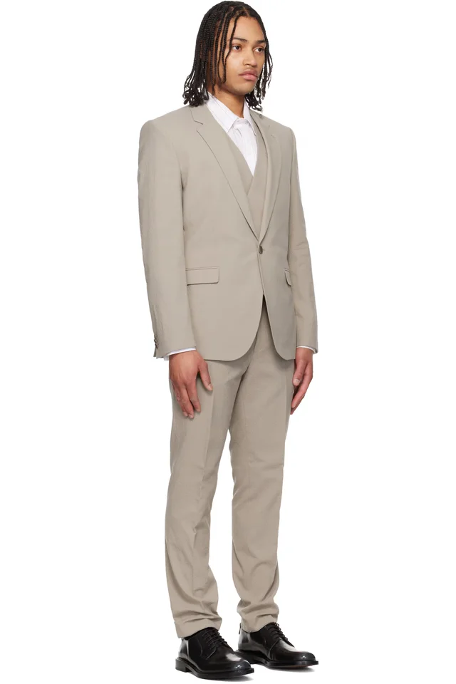 Hugo Taupe Three-Piece Extra-Slim-Fit Stretch-Cotton Seersucker Suit, photo 2 of 6 from SSENSE