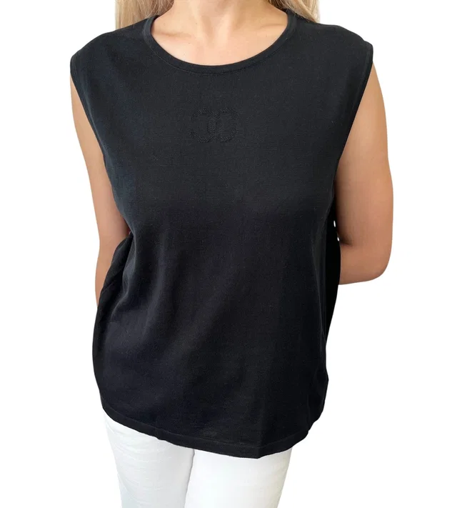 Chanel Vintage 06P CC Logo Knit Tank Top #42 Pullover Black Cotton in Black from Luxury Promise