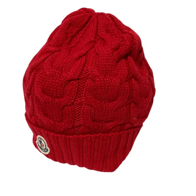 Moncler Cable Knit Wool Logo Patch Cap L Red Spring Summer Fall Winter Hat in Red Wool from The Reluxe