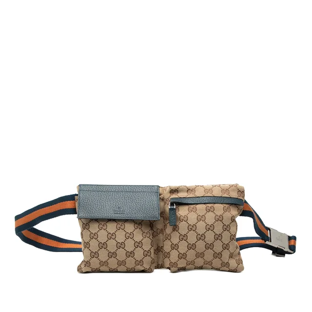 Beige Gucci GG Canvas Web Double Pocket Belt Bag in Beige Canvas from Designer Revival