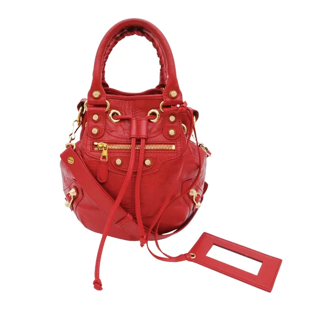 Balenciaga Giant 12 Mini Pompon Red Leather Bucket Crossbody Bag in Red Leather from Clotheshorse Anonymous