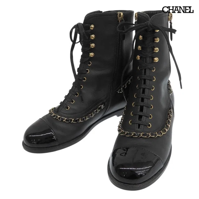 Chanel CC Logo Leather Short Boots Chain Double Zip Lace Up Black 37 in Black Leather from The Reluxe