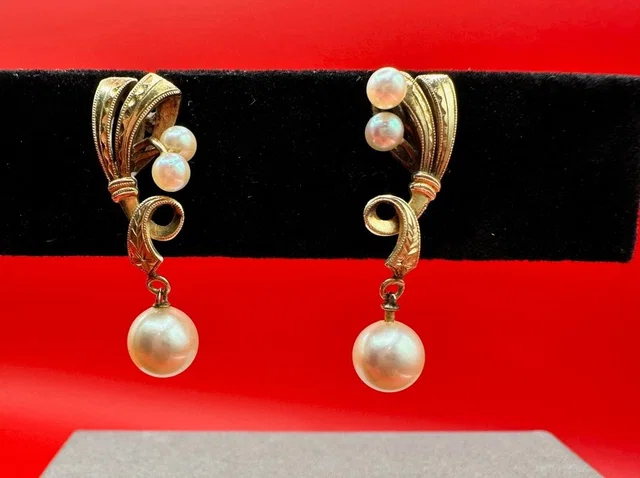 Mikimoto Vintage 14k Gold Akoya Pearls Drop Mcm Swirl Ribbon Design Earrings in gold|white from Poshmark