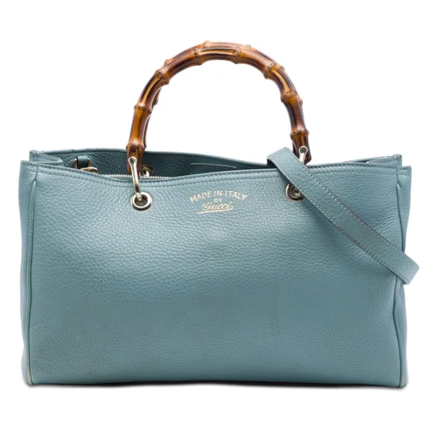 Blue Gucci Medium Calfskin Bamboo Shopper Satchel in Blue Calfskin from Designer Revival