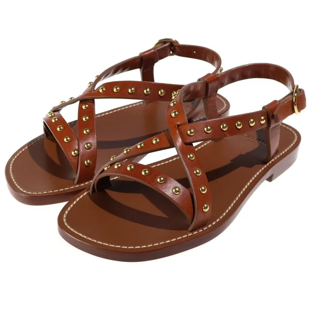 Celine Studded Leather Sandals Shoes Gold Brown in Brown Leather from The Reluxe