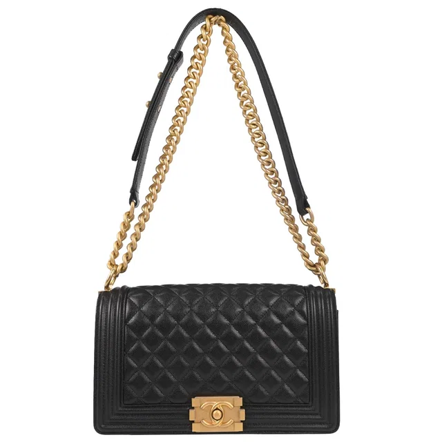 Boy Chanel 2018-2019 Black Caviar Skin Medium Chain Shoulder Bag in Black Caviar leather from AMORE Vintage Tokyo