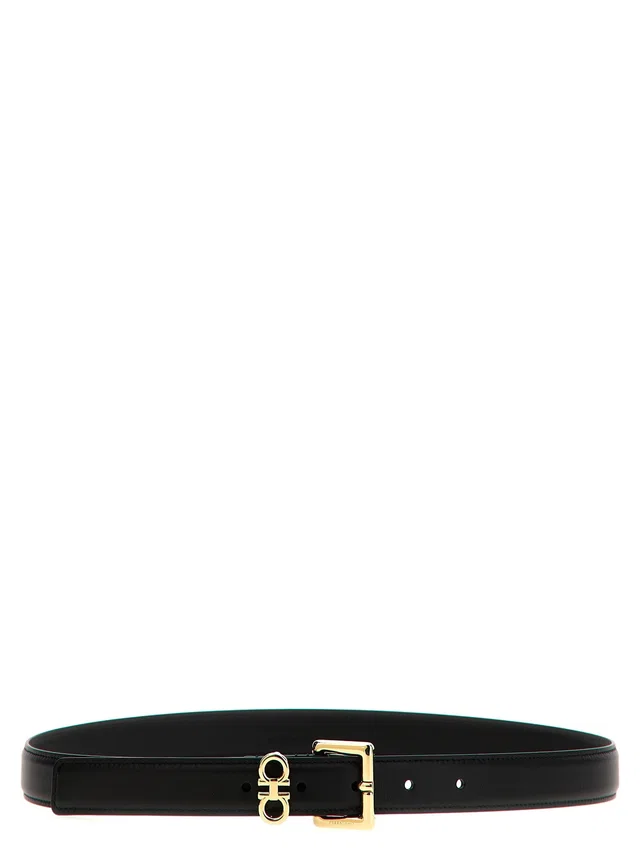 Ferragamo Gold Double Gancini Belt — Black in Black Denim from HEWI