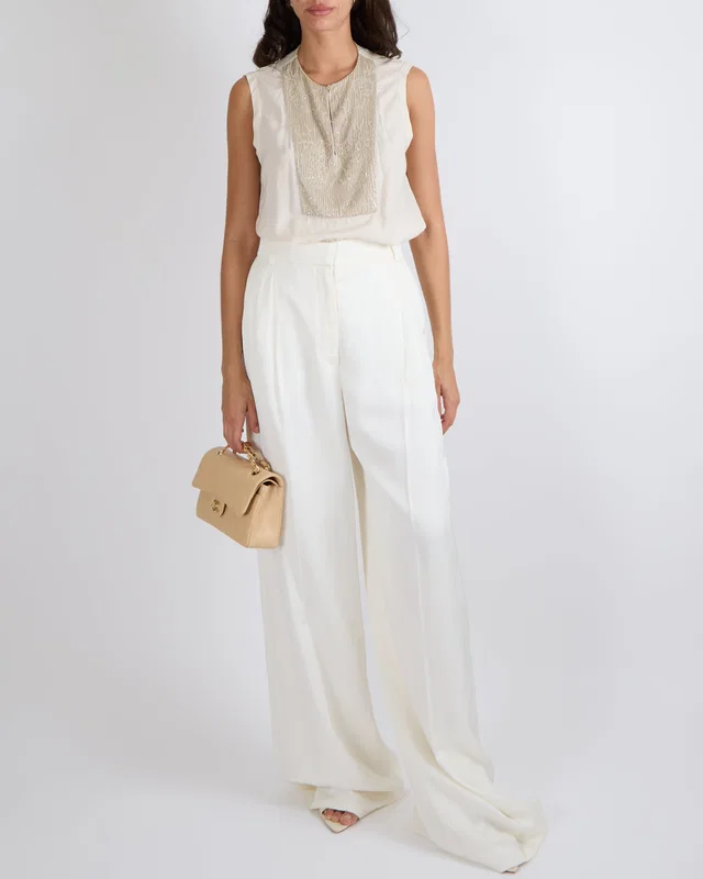 Alexander McQueen Ivory Silk Wide-Leg Palazzo Trousers Size IT 44 (UK 12) in White Silk from Sellier
