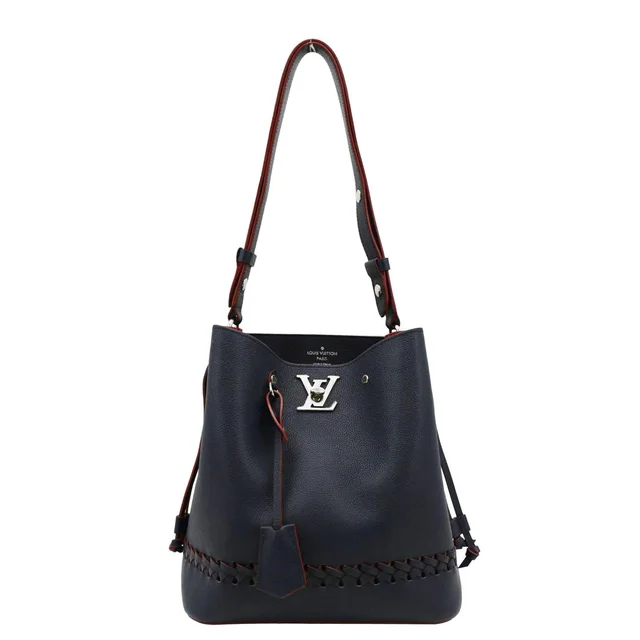 Louis Vuitton Lockme Braided Leather Shoulder Bucket Bag Navy in Navy Leather from Dallas Designer Handbags