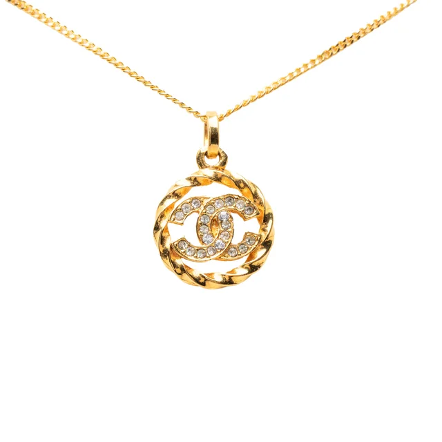 Gold Chanel CC Gold Plated Strass Round Pendant Necklace in Gold from Designer Revival