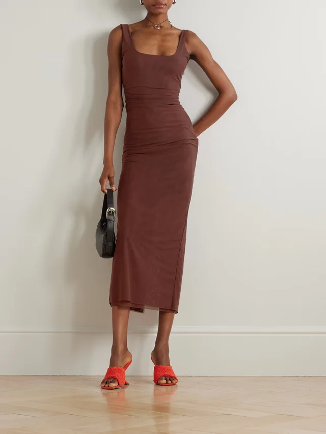 SIR Jacques open-back gathered stretch-mesh midi dress in Brown, photo 2 of 2 from NET-A-PORTER (Canada)